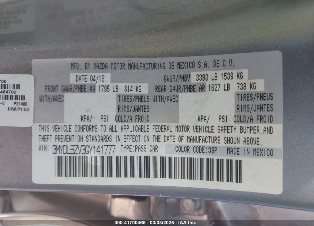 2016 SCION IA VIN: 3MYDLBZV3GY141777