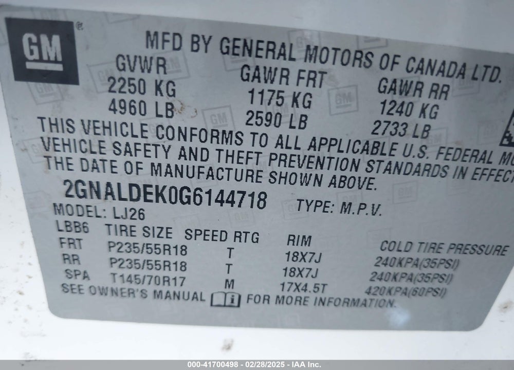 2016 CHEVROLET EQUINOX VIN: 2GNALDEK0G6144718