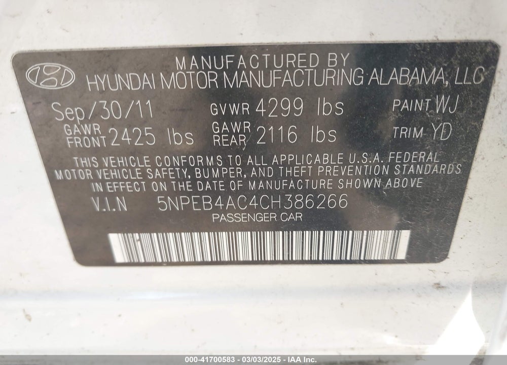 2012 HYUNDAI SONATA VIN: 5NPEB4AC4CH386266