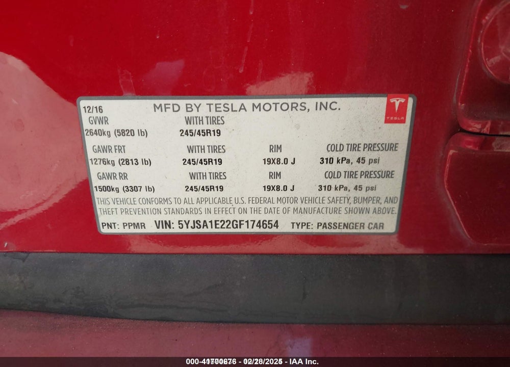 2016 TESLA MODEL S VIN: 5YJSA1E22GF174654