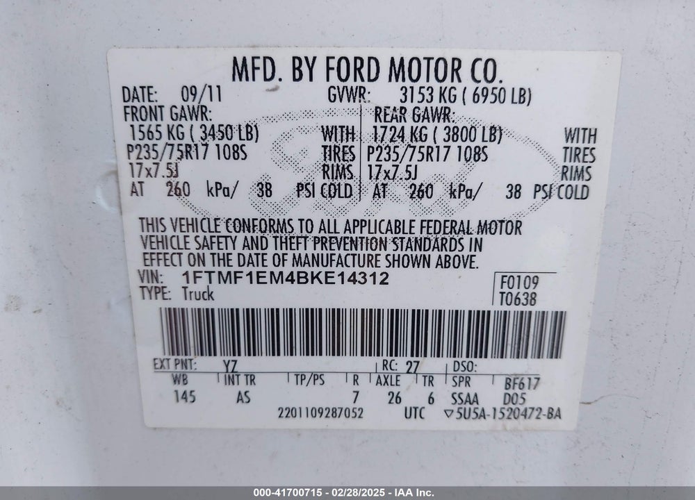 2011 FORD F-150 XL VIN: 1FTMF1EM4BKE14312