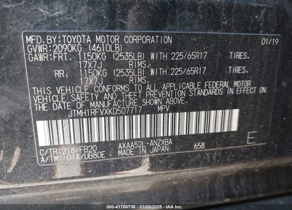 2019 TOYOTA RAV4 VIN: JTMH1RFVXKD507717