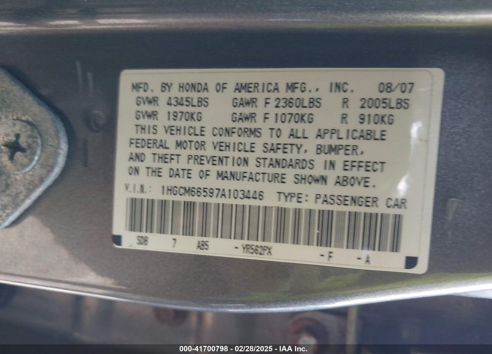 2007 HONDA ACCORD VIN: 1HGCM66597A103446