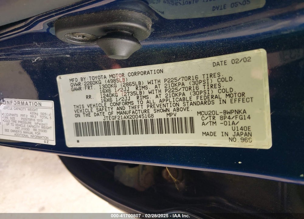 2002 TOYOTA HIGHLANDER V6 VIN: JTEGF21AX20045168