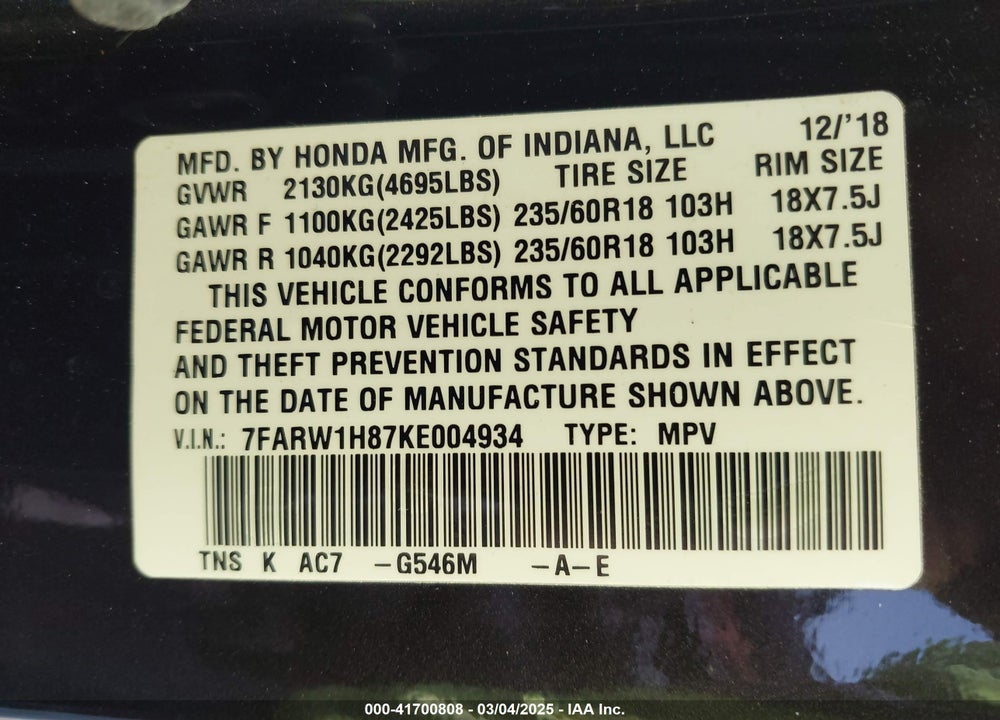 2019 HONDA CR-V VIN: 7FARW1H87KE004934