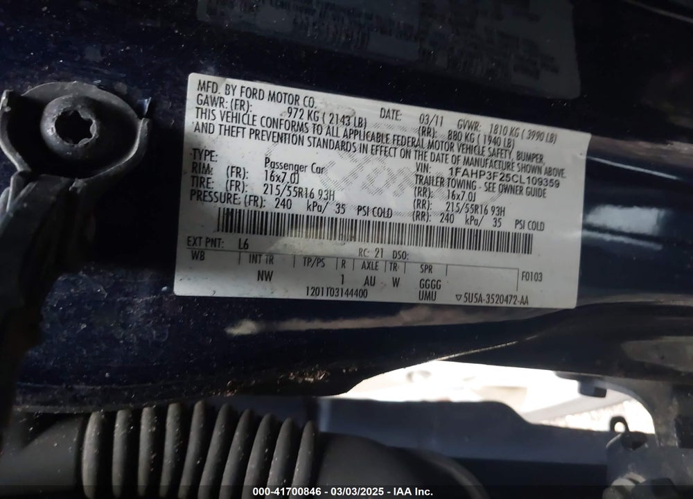 2012 FORD FOCUS SE VIN: 1FAHP3F25CL109359