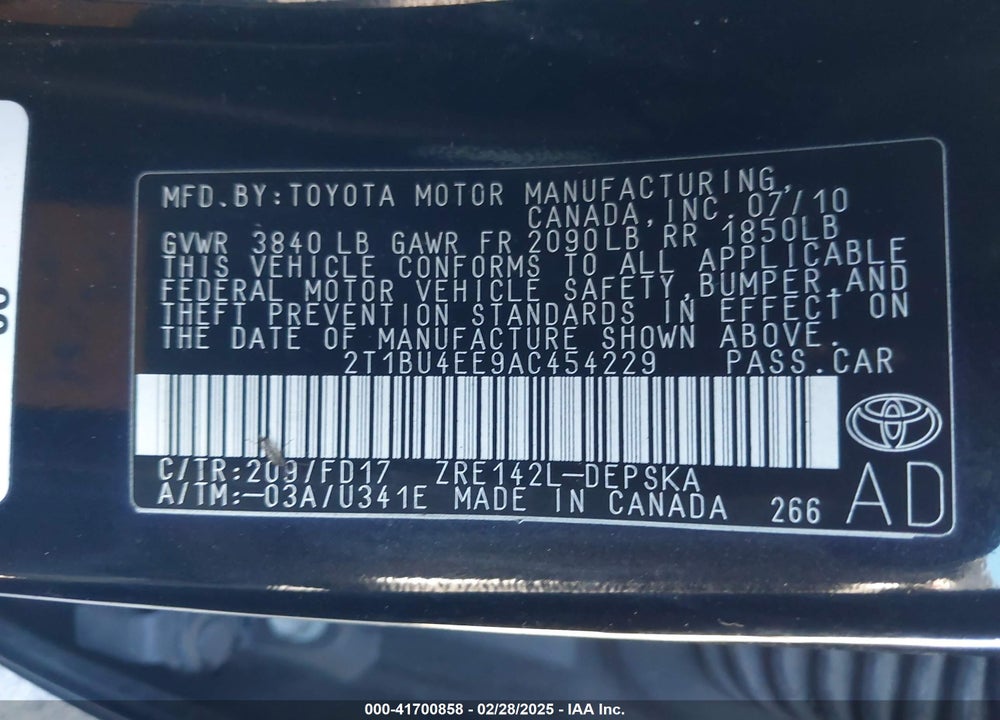 2010 TOYOTA COROLLA VIN: 2T1BU4EE9AC454229