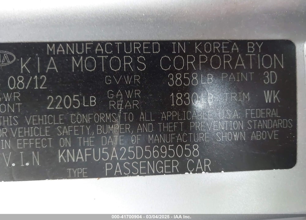 2013 KIA FORTE VIN: KNAFU5A25D5695058