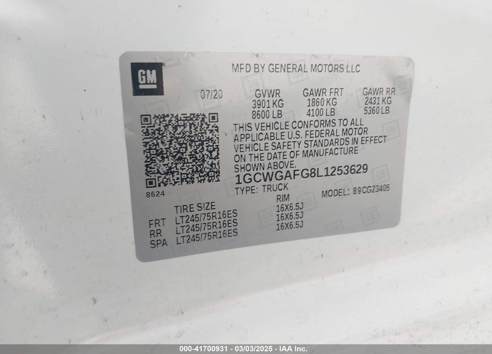 2020 CHEVROLET EXPRESS CARGO VIN: 1GCWGAFG8L1253629