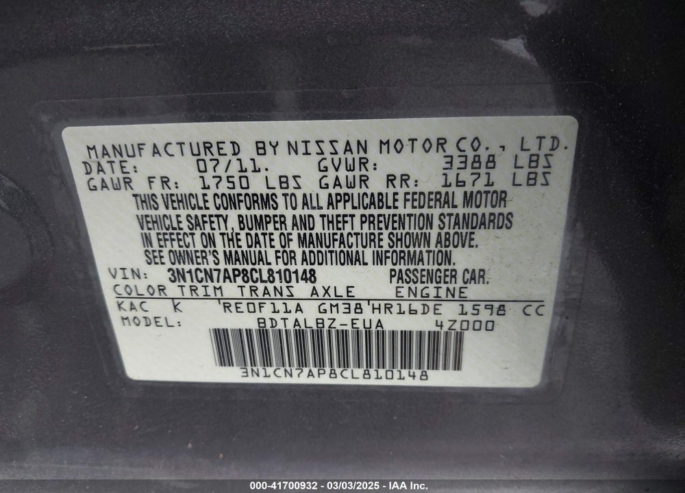 2012 NISSAN VERSA VIN: 3N1CN7AP8CL810148