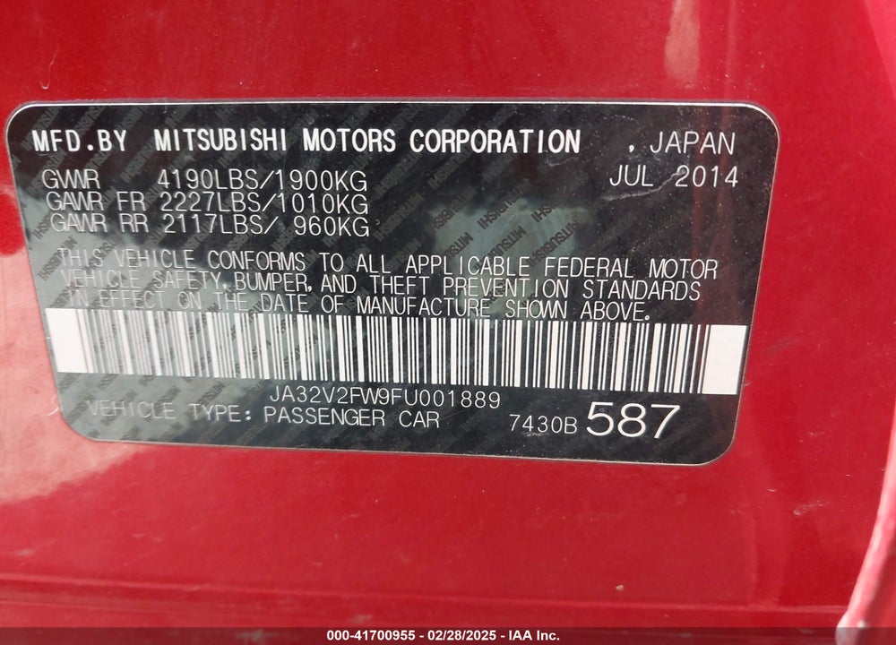 2015 MITSUBISHI LANCER VIN: JA32V2FW9FU001889