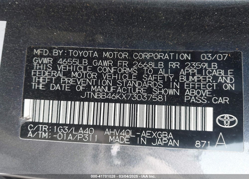 2007 TOYOTA CAMRY HYBRID VIN: JTNBB46KX73037581
