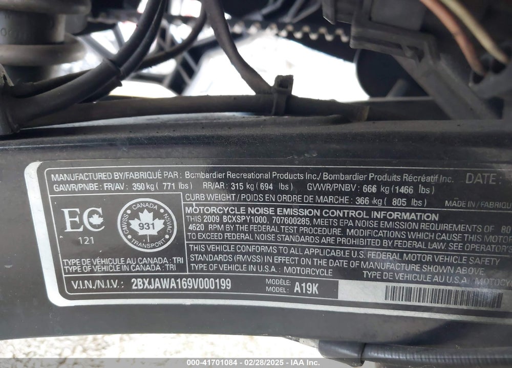2009 CAN-AM SPYDER ROADSTER VIN: 2BXJAWA169V000199
