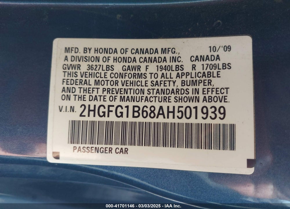 2010 HONDA CIVIC VIN: 2HGFG1B68AH501939