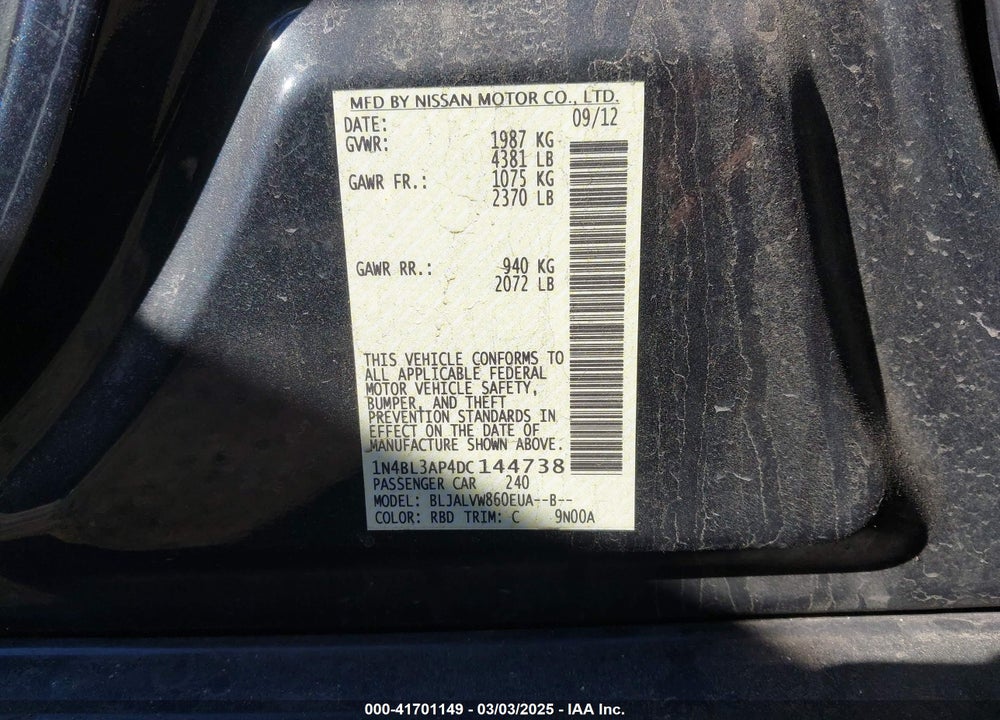 2013 NISSAN ALTIMA VIN: 1N4BL3AP4DC144738