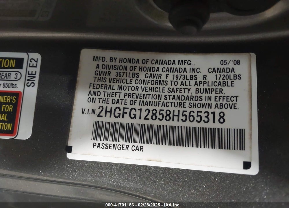 2008 HONDA CIVIC EX VIN: 2HGFG12858H565318