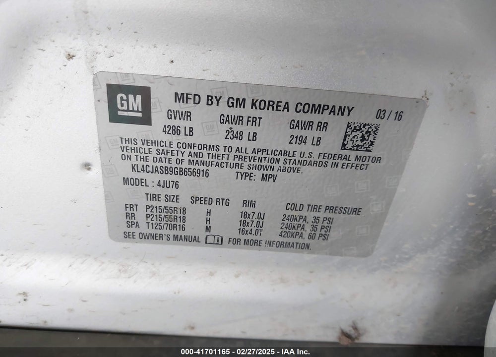 2016 BUICK ENCORE VIN: KL4CJASB9GB656916