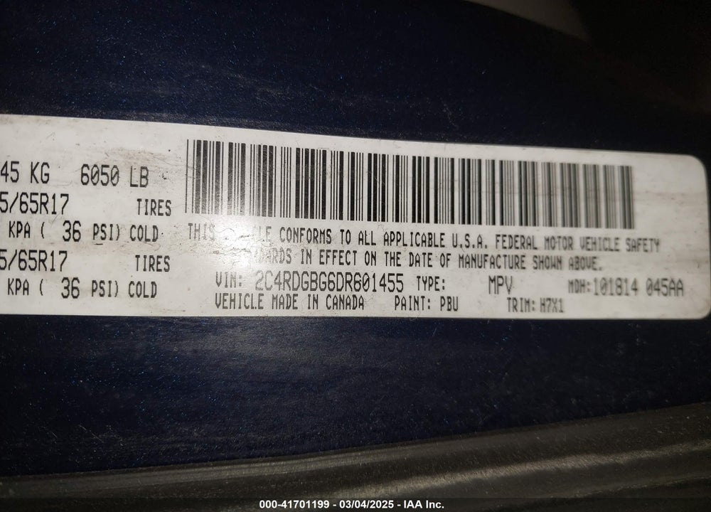 2013 DODGE GRAND CARAVAN VIN: 2C4RDGBG6DR601455