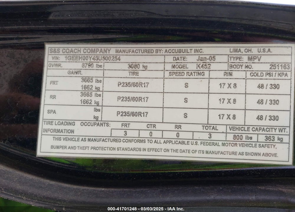 2005 CADILLAC DEVILLE STANDARD VIN: 1GEEH00Y45U500254