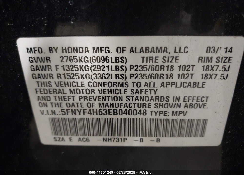 2014 HONDA PILOT EX-L VIN: 5FNYF4H63EB040048