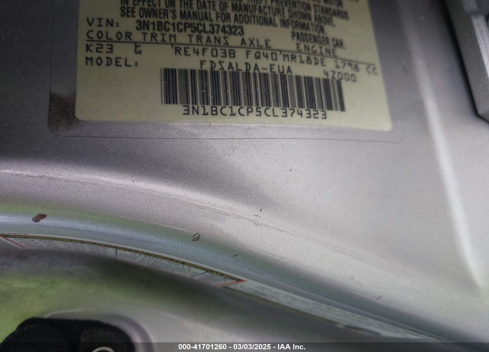 2012 NISSAN VERSA VIN: 3N1BC1CP5CL374323