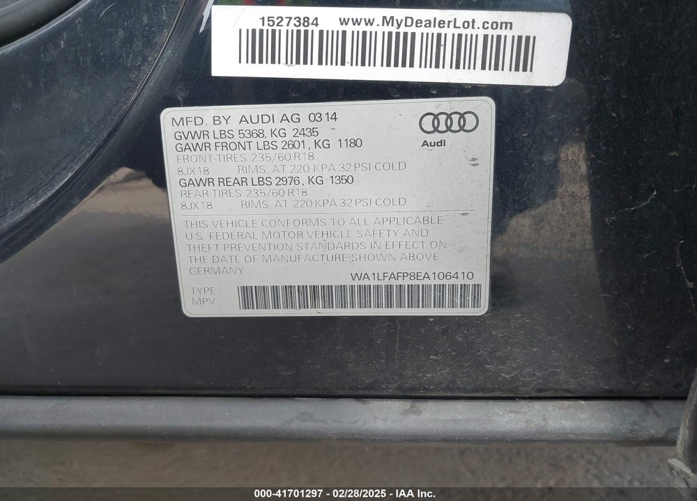 2014 AUDI Q5 VIN: WA1LFAFP8EA106410