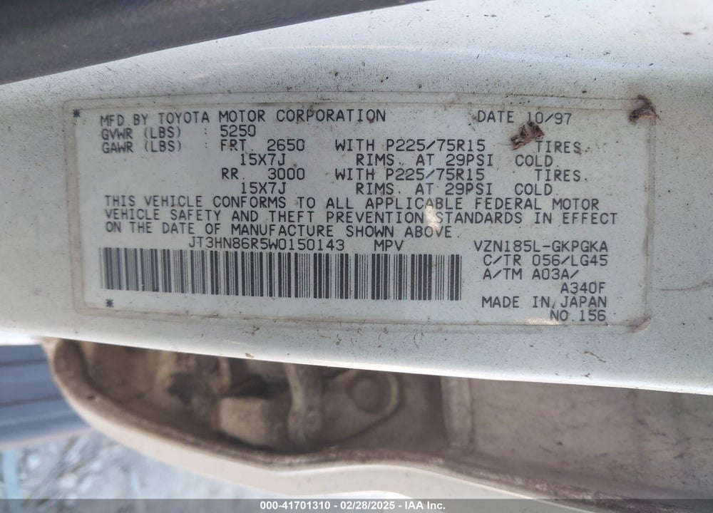 1998 TOYOTA 4RUNNER SR5 V6 VIN: JT3HN86R5W0150143
