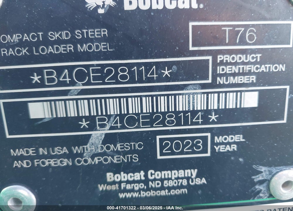2023 BOBCAT T76 SKID STEER VIN: B4CE28114