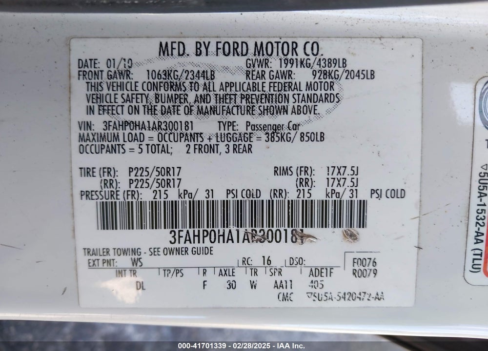 2010 FORD FUSION VIN: 3FAHP0HA1AR300181