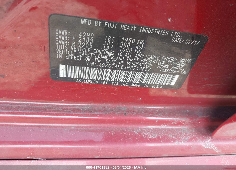 2017 SUBARU IMPREZA VIN: 4S3GTAK6XH3719652