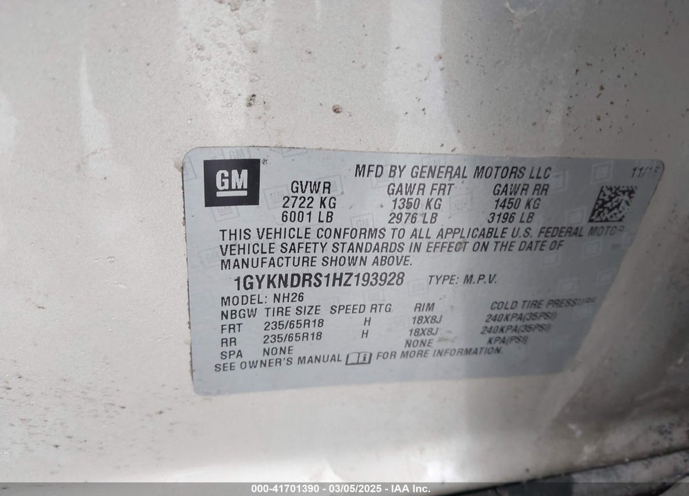 2017 CADILLAC XT5 VIN: 1GYKNDRS1HZ193928