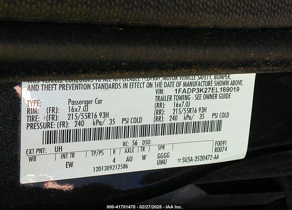 2014 FORD FOCUS SE VIN: 1FADP3K27EL169019