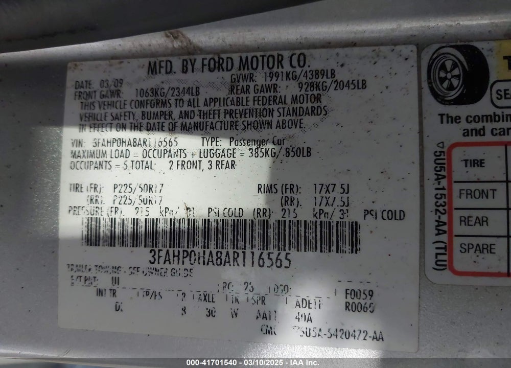 2010 FORD FUSION SE VIN: 3FAHP0HA8AR116565