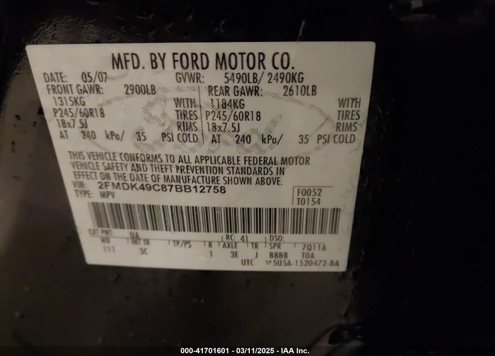 2007 FORD EDGE SEL PLUS VIN: 2FMDK49C87BB12758
