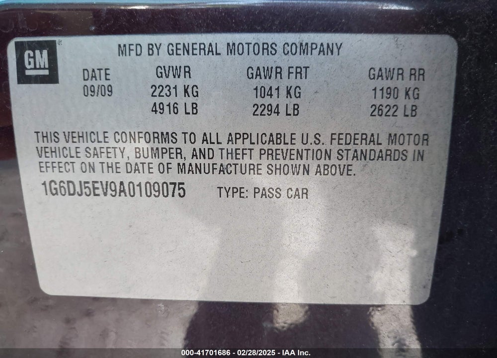 2010 CADILLAC CTS VIN: 1G6DJ5EV9A0109075