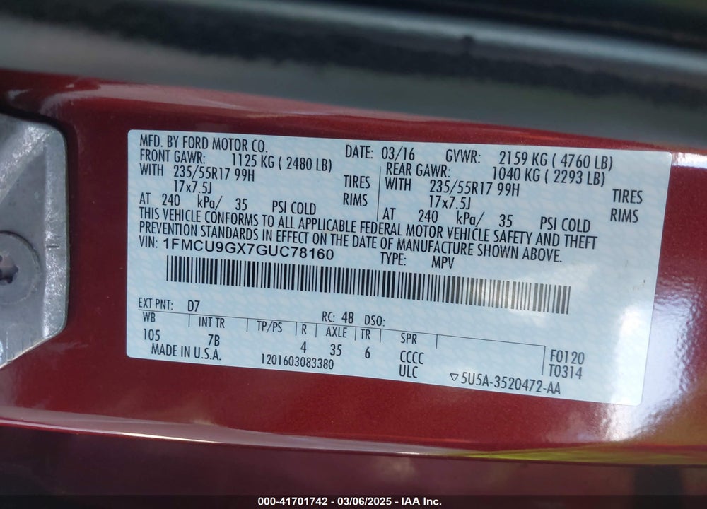 2016 FORD ESCAPE VIN: 1FMCU9GX7GUC78160