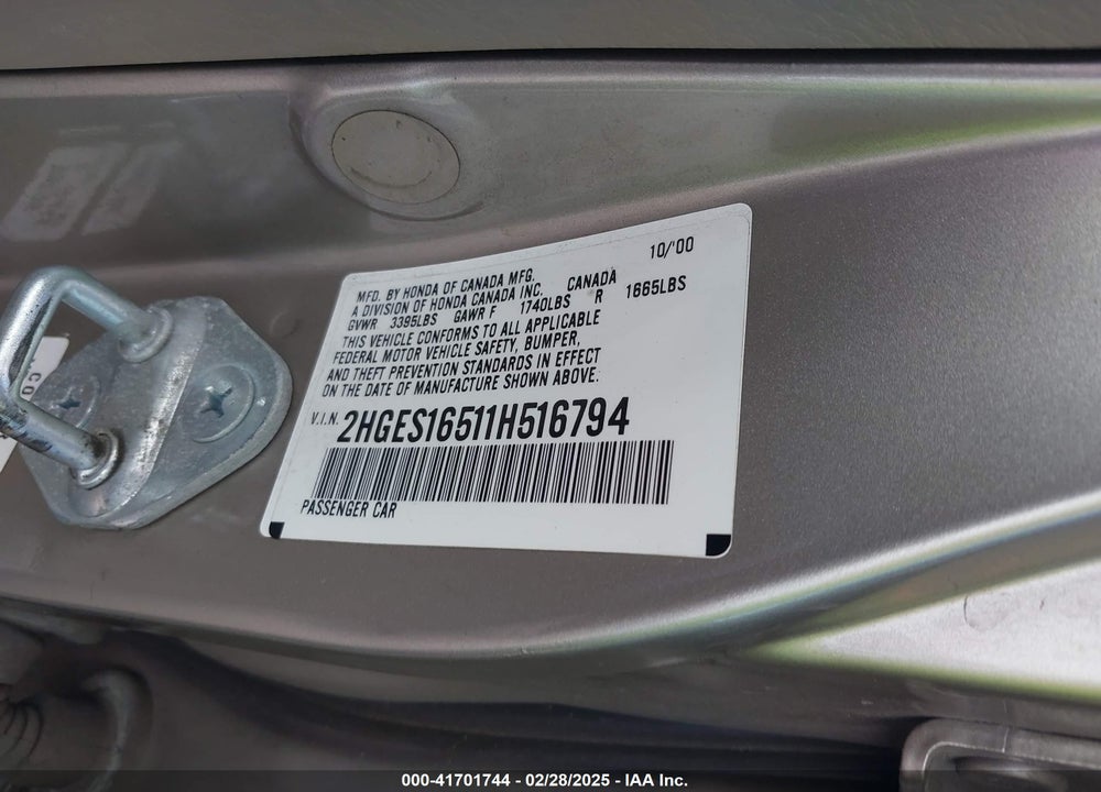 2001 HONDA CIVIC VIN: 2HGES16511H516794