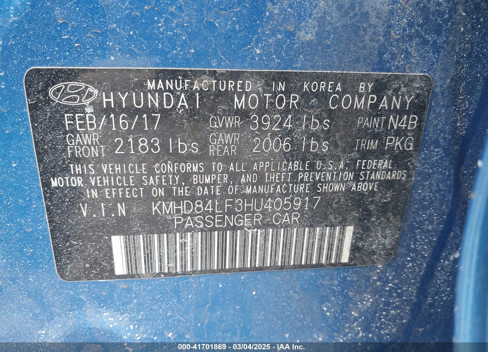 2017 HYUNDAI ELANTRA VIN: KMHD84LF3HU405917