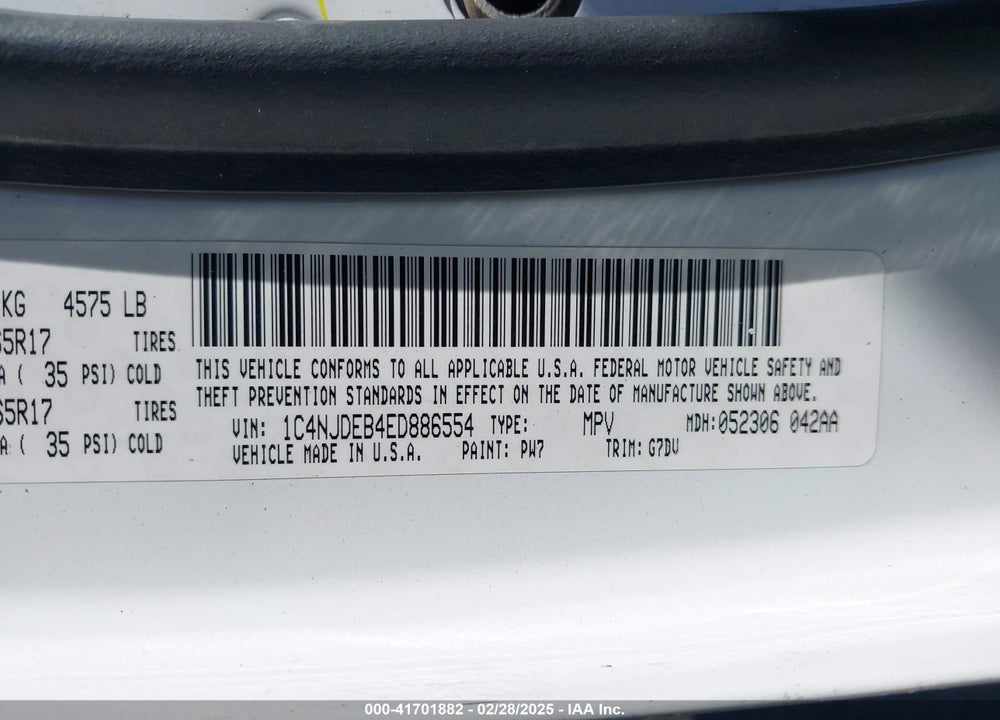 2014 JEEP COMPASS LATITUDE VIN: 1C4NJDEB4ED886554