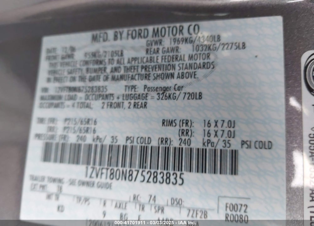 2007 FORD MUSTANG VIN: 1ZVFT80N875283835