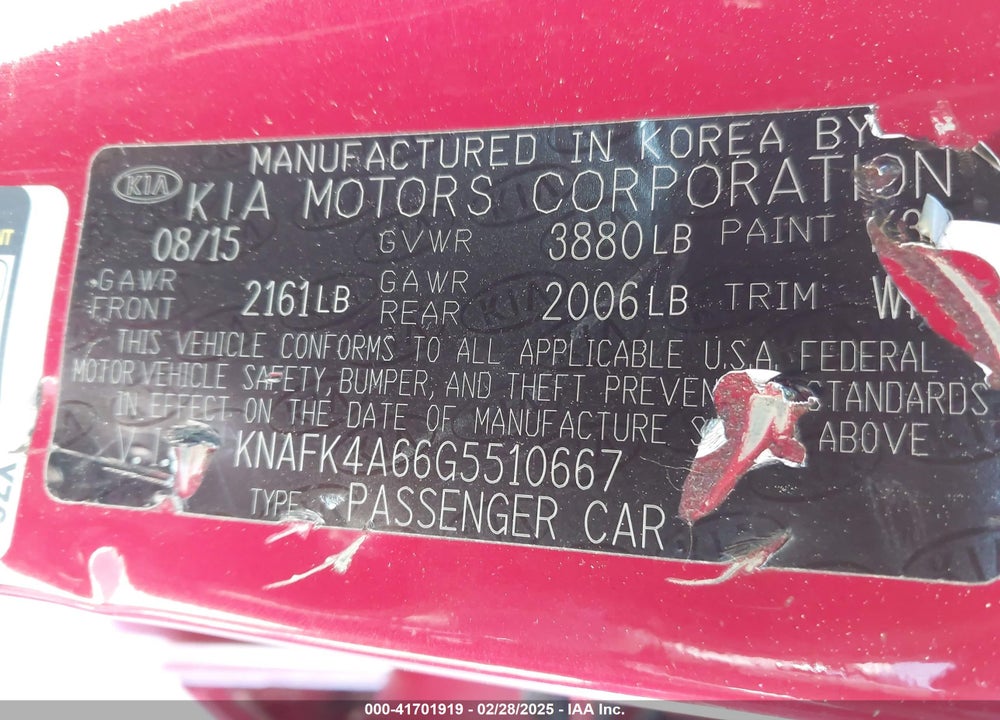 2016 KIA FORTE VIN: KNAFK4A66G5510667