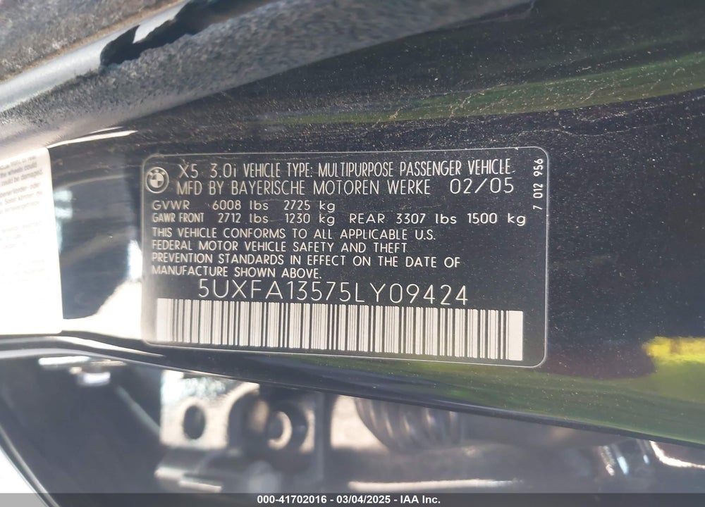 2005 BMW X5 3.0I VIN: 5UXFA13575LY09424