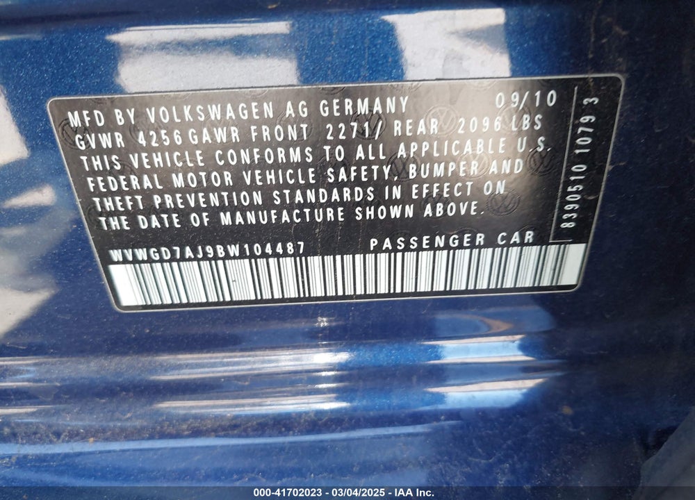 2011 VOLKSWAGEN GTI 4-DOOR AUTOBAHN VIN: WVWGD7AJ9BW104487