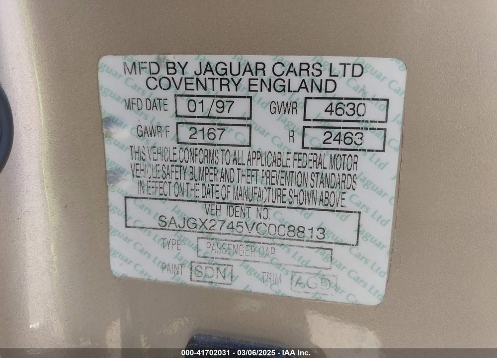 1997 JAGUAR XK8 VIN: SAJGX2745VC008813