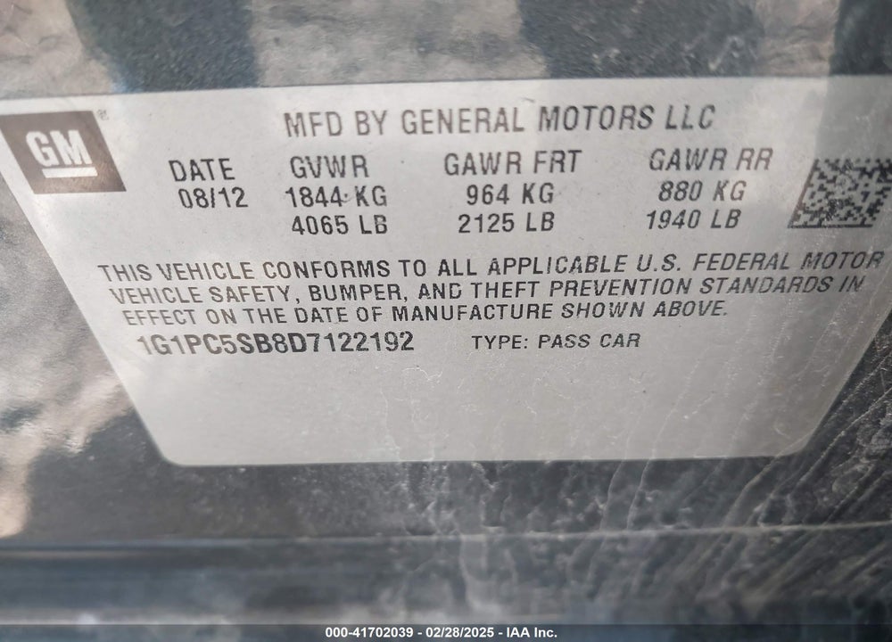 2013 CHEVROLET CRUZE VIN: 1G1PC5SB8D7122192
