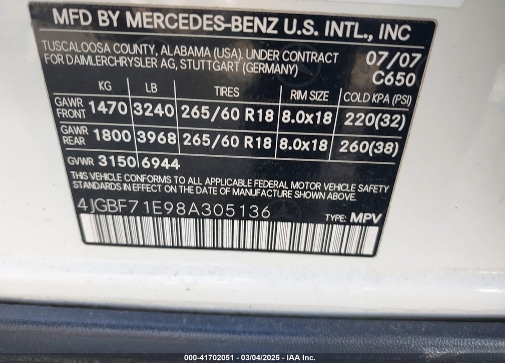 2008 MERCEDES-BENZ GL 450 VIN: 4JGBF71E98A305136