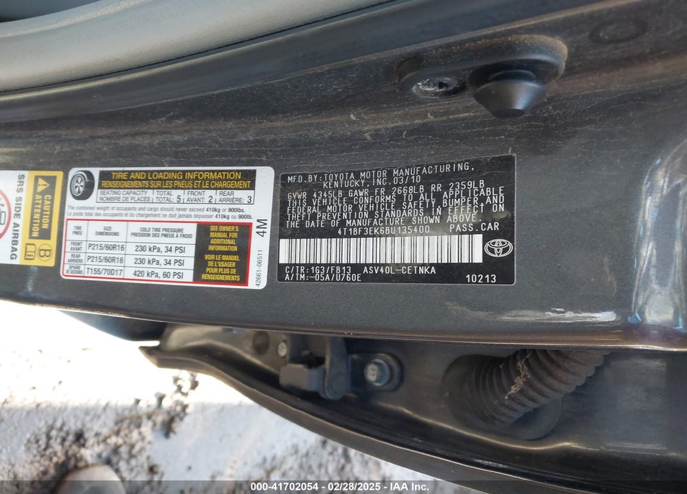 2011 TOYOTA CAMRY VIN: 4T1BF3EK6BU135400