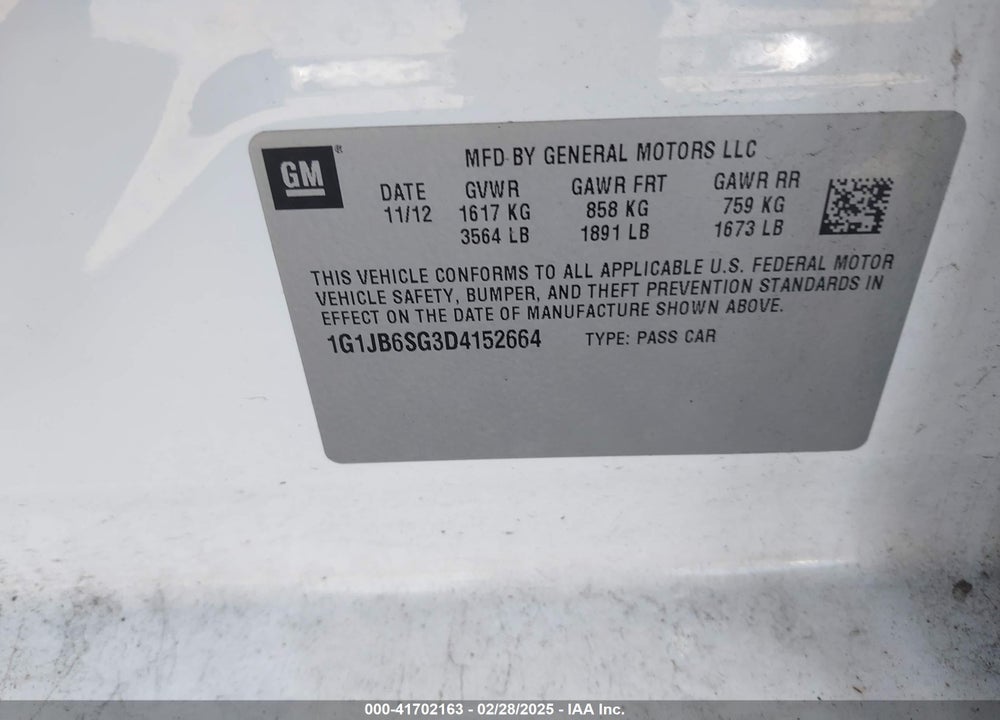 2013 CHEVROLET SONIC LS MANUAL VIN: 1G1JB6SG3D4152664