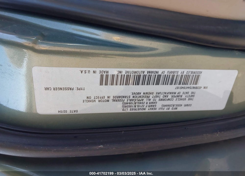 2004 SUBARU OUTBACK VIN: 4S3BH675447645107