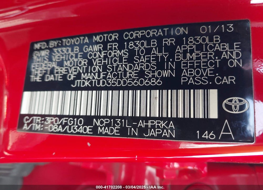 2013 TOYOTA YARIS VIN: JTDKTUD35DD560686